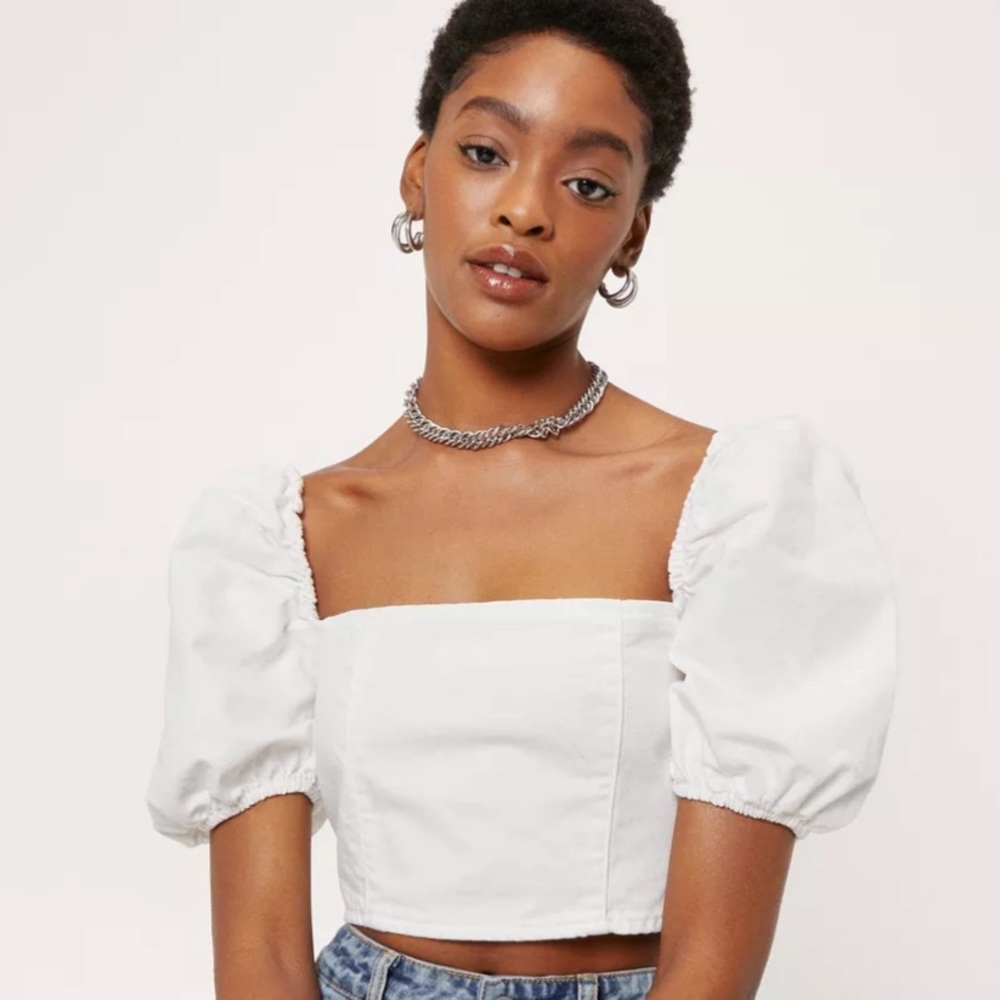 Puff Sleeve square neck denim crop top